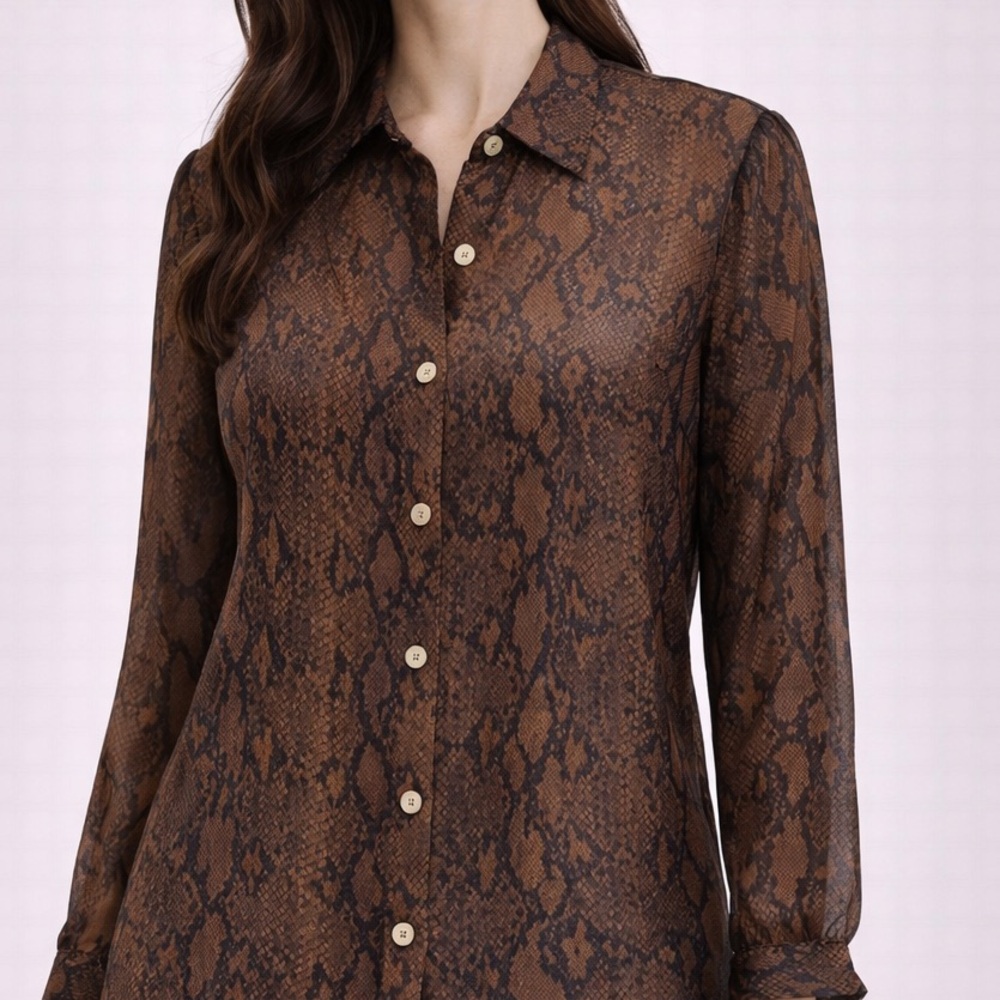 7 For All Mankind Brown Snake Print Sheer Long Sleeve Button Down Medium